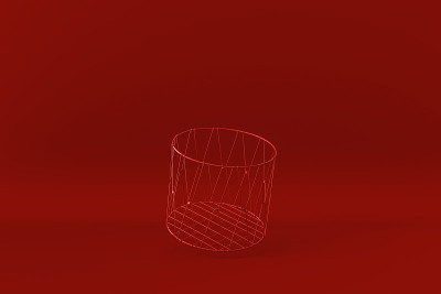 红色背景中漂浮着红色的金属筐。最小的概念创意。单色。3 d渲染。