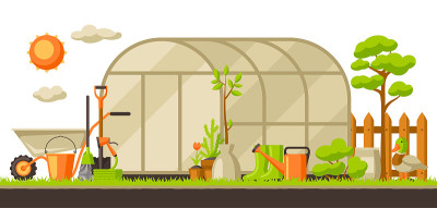 园林景观插图与植物和工具。赛季园艺的概念