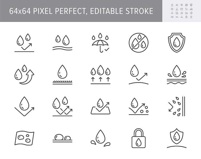 防水线的图标。矢量插图包括图标-盾牌，疏水材料，膜，伞，疏油轮廓象形图的防水保护。64x64像素完美