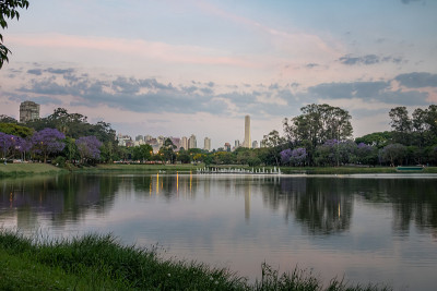 日落在Ibirapuera公园湖和圣保罗方尖碑-圣保罗，巴西
