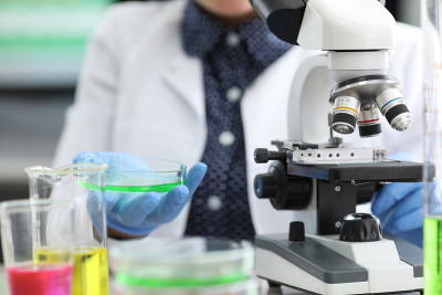 Biologist investigates sample in lab
