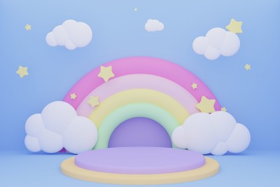 最小可爱蜡笔卡通风格的舞台。3 d演示。