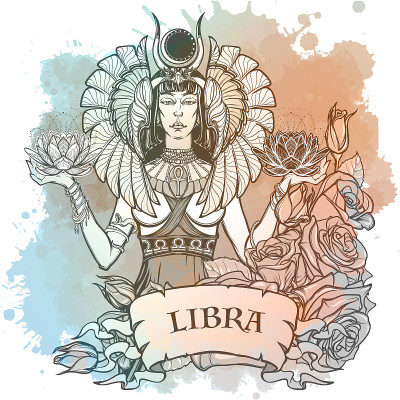 黄道十二宫的天秤座，风相星座。水彩纹理背景上复杂的线性绘图。