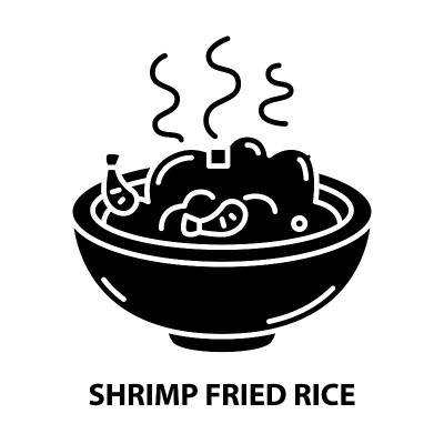 虾炒饭图标，黑色矢量符号与可编辑的笔画，概念插图