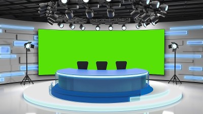 电视演播室。新闻的房间。Blye和红色背景。一般和特写镜头。新闻工作室。演播室背景。编辑部bakgr