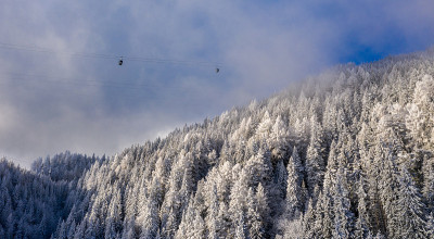 鸟瞰图，雪山与云脊山谷，缆车升降。