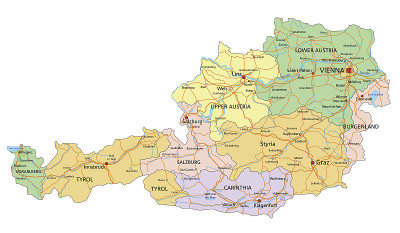 Austira physAustria -高度详细的可编辑的带有标签的政治地图。