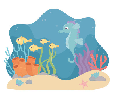 海底的海马、海星、沙、生物、珊瑚礁、卡通