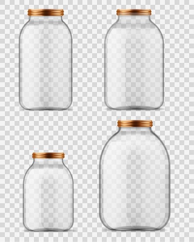 玻璃瓶。空透明容器反射自制果酱和罐头食品。不同尺寸的玻璃器皿与金属螺旋盖存储真实的矢量模型