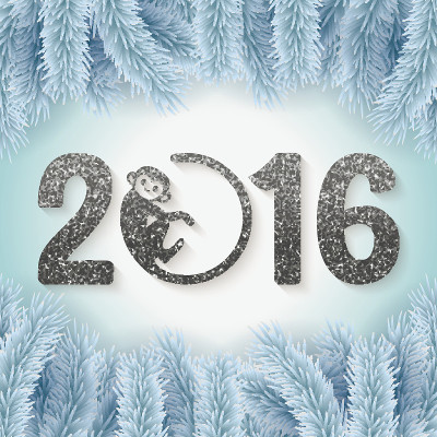 可爱的新年明信片与杉木枝，猴子2016设计