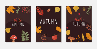 秋天的背景设置秋天的属性:树叶，树叶，浆果，蘑菇，橡子。你好,秋天刻字。完美的宣传海报，社会媒体，网