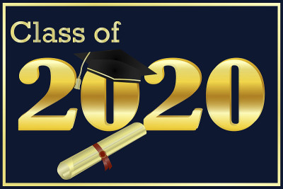 黑色背景上镌刻着“2020届毕业生”的金色题词，题卷上系着红丝带，学生戴着毕业帽。矢量插图。股票的照