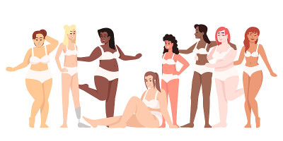 女性穿着内衣平面矢量插图。身体积极和女权主义。+尺寸图。微笑的不同国籍的女士孤立的卡通人物在白色的背