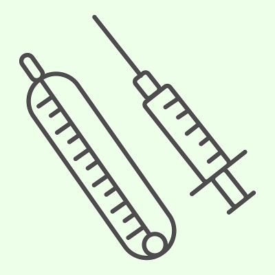 注射器细线图标。带疫苗和温度计的医用注射器，白色背景上的象形图。化学和医药标志的移动概念和网页设计。