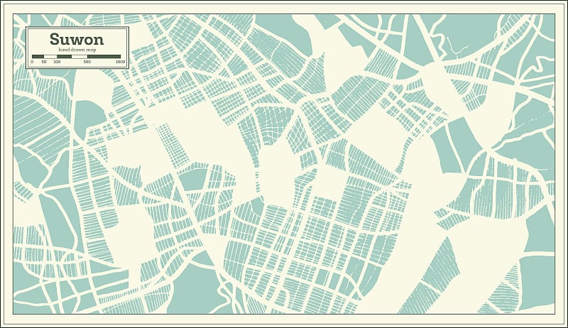 水原韩国城市地图复古风格。略图。