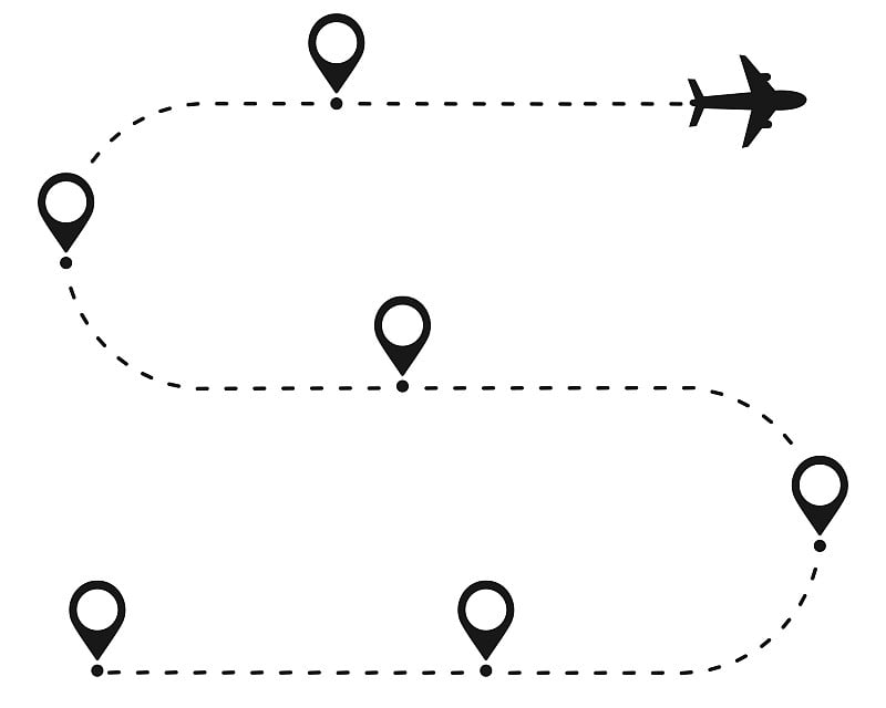 收集的飞机路线图标，飞机飞行路线与线轨迹，旅行，地图销，定位销。矢量图