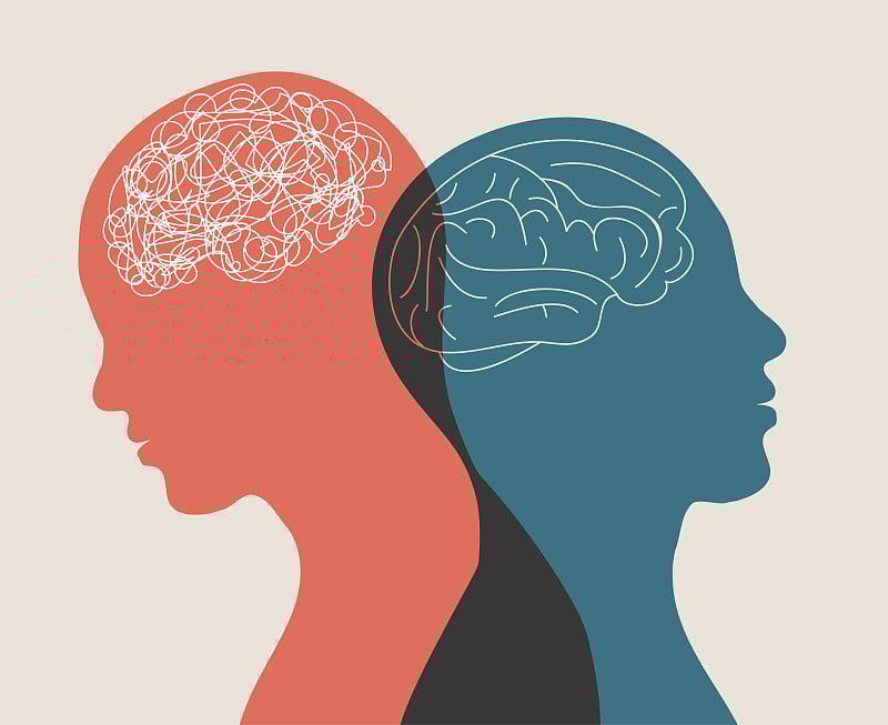 隐喻双相情感障碍。双面。人格分裂。情绪障碍的概念。2头silhouette.Psychology。心