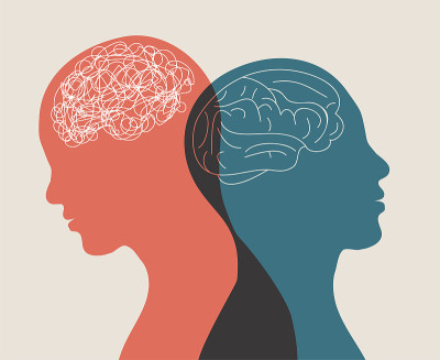 隐喻双相情感障碍。双面。人格分裂。情绪障碍的概念。2头silhouette.Psychology。心