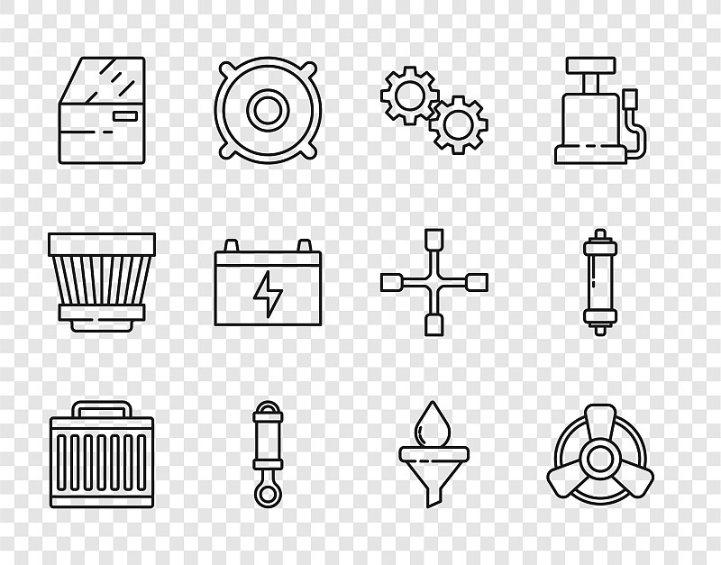 设置汽车散热器冷却系统、电机通风机、齿轮、减震器、车门、蓄电池、漏斗、油滴及图标。向量