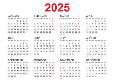 日历2025模板矢量，简单的最小设计，计划2025年，墙日历2025年，星期开始星期一，12日历，广