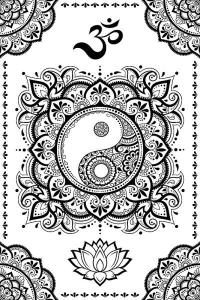 一套东方民族宗教符号。曼陀罗配OM咒，阴阳，莲花。装饰图案为指甲花，曼海蒂，纹身，房间装饰。轮廓涂鸦