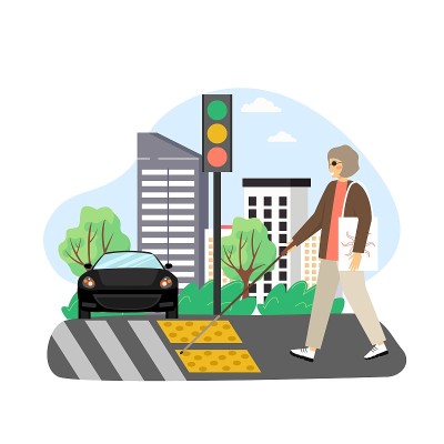 盲人妇女与拐杖过马路的灯和人行横道与触觉警告瓷砖，平面矢量插图。