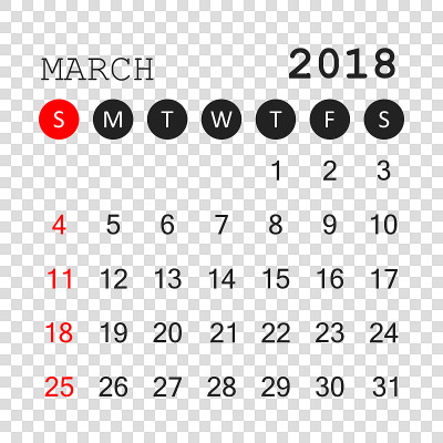 2018年3月日历。日历计划设计模板。一周从周日开始。业务矢量插图。