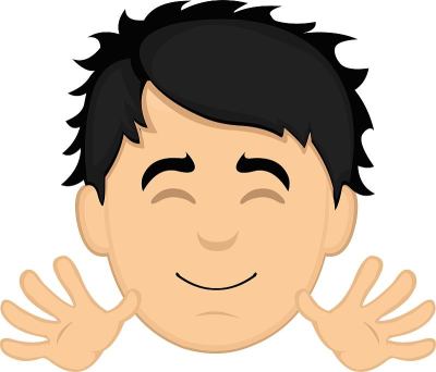 矢量表情插图，一个男人的头部与一个愉快的表情微笑，张开嘴和闭上眼睛，展示双手