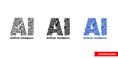 Artificial intelligence icon of 3 types color, bla