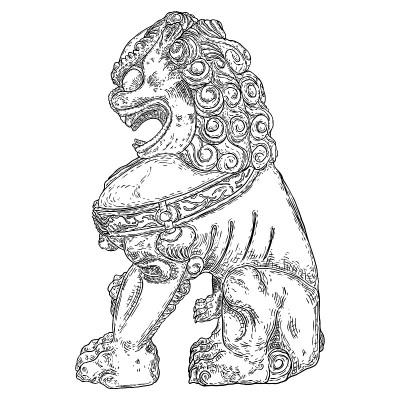 中国守护狮子雕像手绘插图。由石头制成的中国传统建筑装饰。石狮或石狮的保护有害的精神影响。向量。