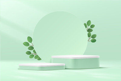 抽象的绿色和白色圆角立方体平台讲台。圆形背景和绿叶。粉彩淡绿色小墙场景。矢量渲染三维形状的化妆品显示