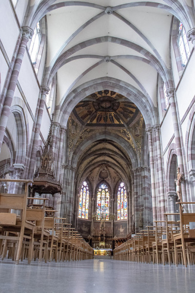 Obernai。圣皮埃尔和保罗教堂的内部，阿尔萨斯，莱茵河下游。是伟大的
