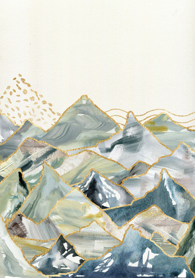 水彩画和水粉画的极简山水。手绘抽象和金色的山脉插图孤立的白色背景。用于设计、印刷、织物或背景。