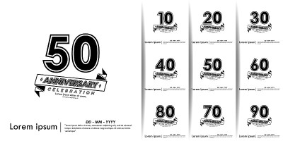 10-90周年庆典会徽一套。周年孤立与黑白背景。矢量插图模板设计为网页，传单，单张，小册子，海报，邀