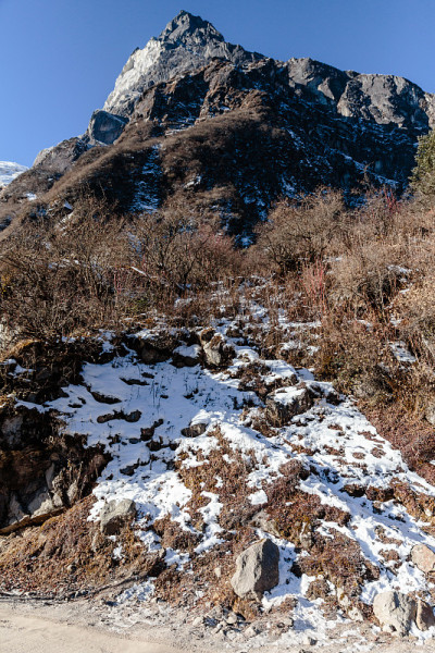 山上有雪，树叶少树。下面是通往拉中零度的冬季土路。北锡金,印度。