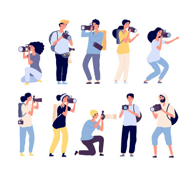 Cartoon photographers. People photograph with came