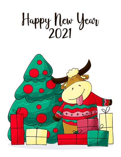 2021新年快乐儿童插画。中国新年牛年2021年