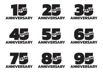周年纪念日。生日徽章或标志收集与15,25,35,45,55,65,75,85,95年庆祝。矢量插图