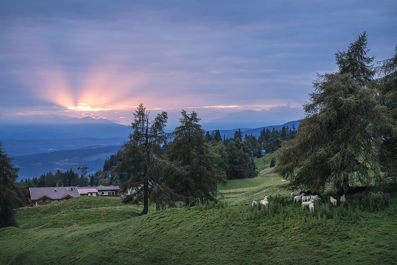 日落在Alpe di Siusi或Seiser Alm。阿尔卑斯白云石，特伦蒂诺Alto Adige