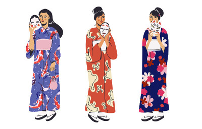 日本妇女在和服与歌舞伎面具收集。