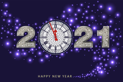 2021年贺卡，在深蓝色的午夜背景上用金色书写着2021年的大本钟。