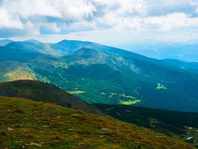 夏天山风景。绿色的草地。山高。