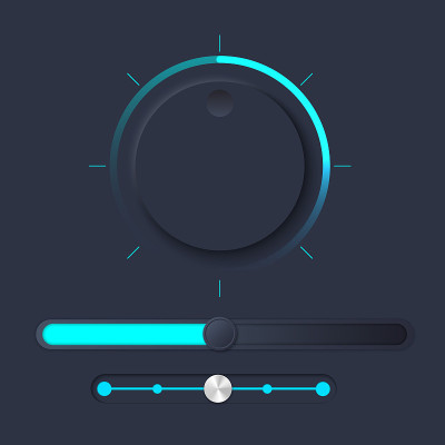 neuorph UI套件与音量旋钮和滑块。黑暗的颜色。模拟趋势设计中的工作流图形元素。智能技术应用的