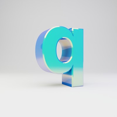 天蓝色3d字母Q小写。金属字体与光泽反射和阴影孤立在白色背景。