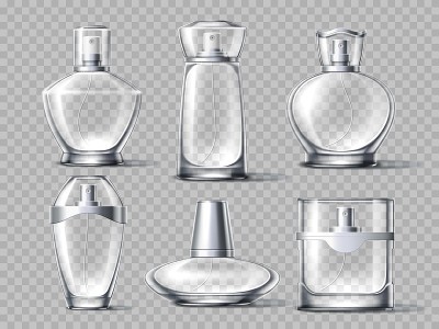 现实的香水瓶。时尚包装香水，3d空玻璃喷涂小瓶透明和金属帽不同形式，化妆品模型，矢量隔离设置