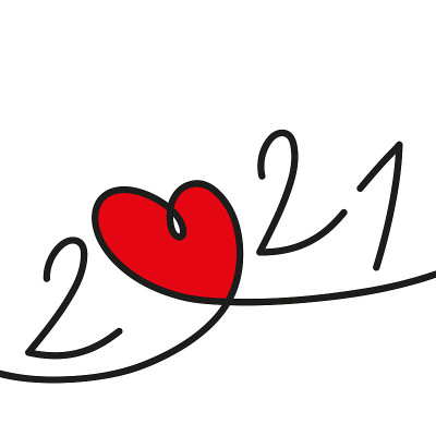 2021 greeting card with a red heart on a white bac