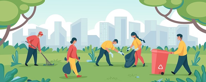 志愿者帮助清理垃圾。快乐的人们在公园或森林捡拾垃圾。矢量卡通人物志愿