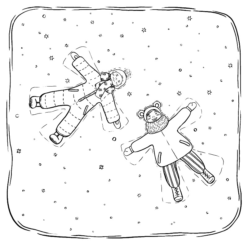 素描风格，图形矢量插图。一个小女孩和一个小男孩躺在雪地上，画着天使。轮廓图孤立在白色上。寒假放假，寒