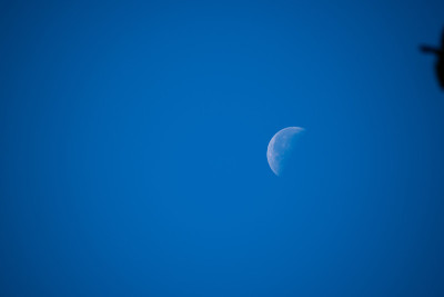 在白天，你可以看到月亮被太阳照亮，在蔚蓝的天空没有云