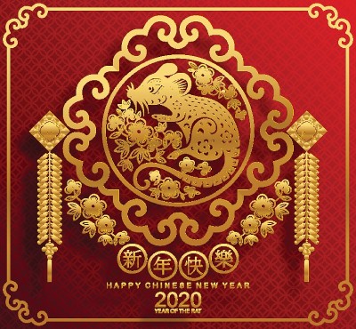 2020年中国新年鼠年，纸鼠人物，花和亚洲元素与工艺风格的背景。
(中文翻译:祝2020年鼠年新年快
